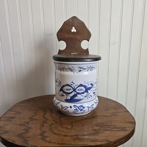 Antique Blue and White Ceramic Wall-Mounted Salt Cellar Jar